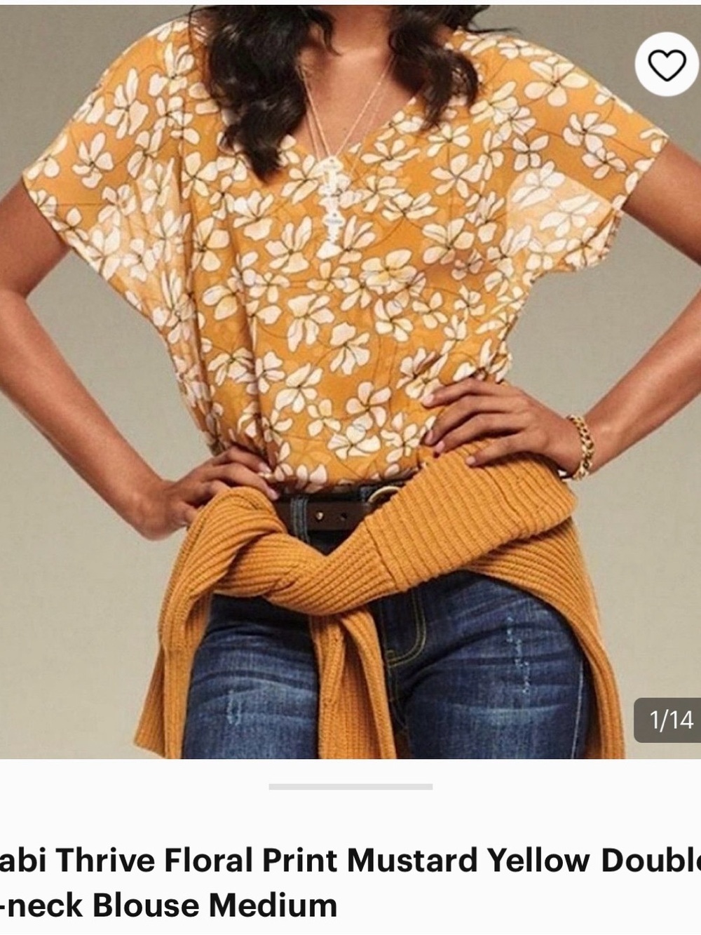 CAbi Mustard Yellow Floral V-Neck Blouse ptp 20